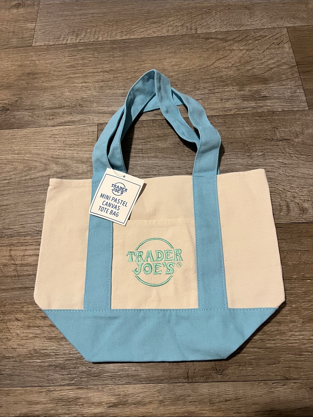 Trader Joe's Mini Canvas Tote in Light Blue and Cream